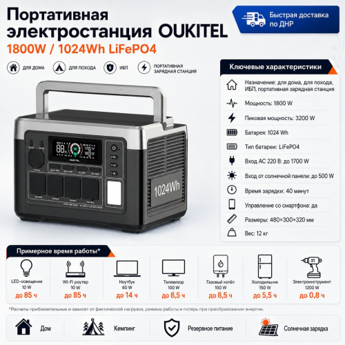 Портативная электростанция OUKITEL P1000E PLUS 1800W / 1024Wh LiFePO4